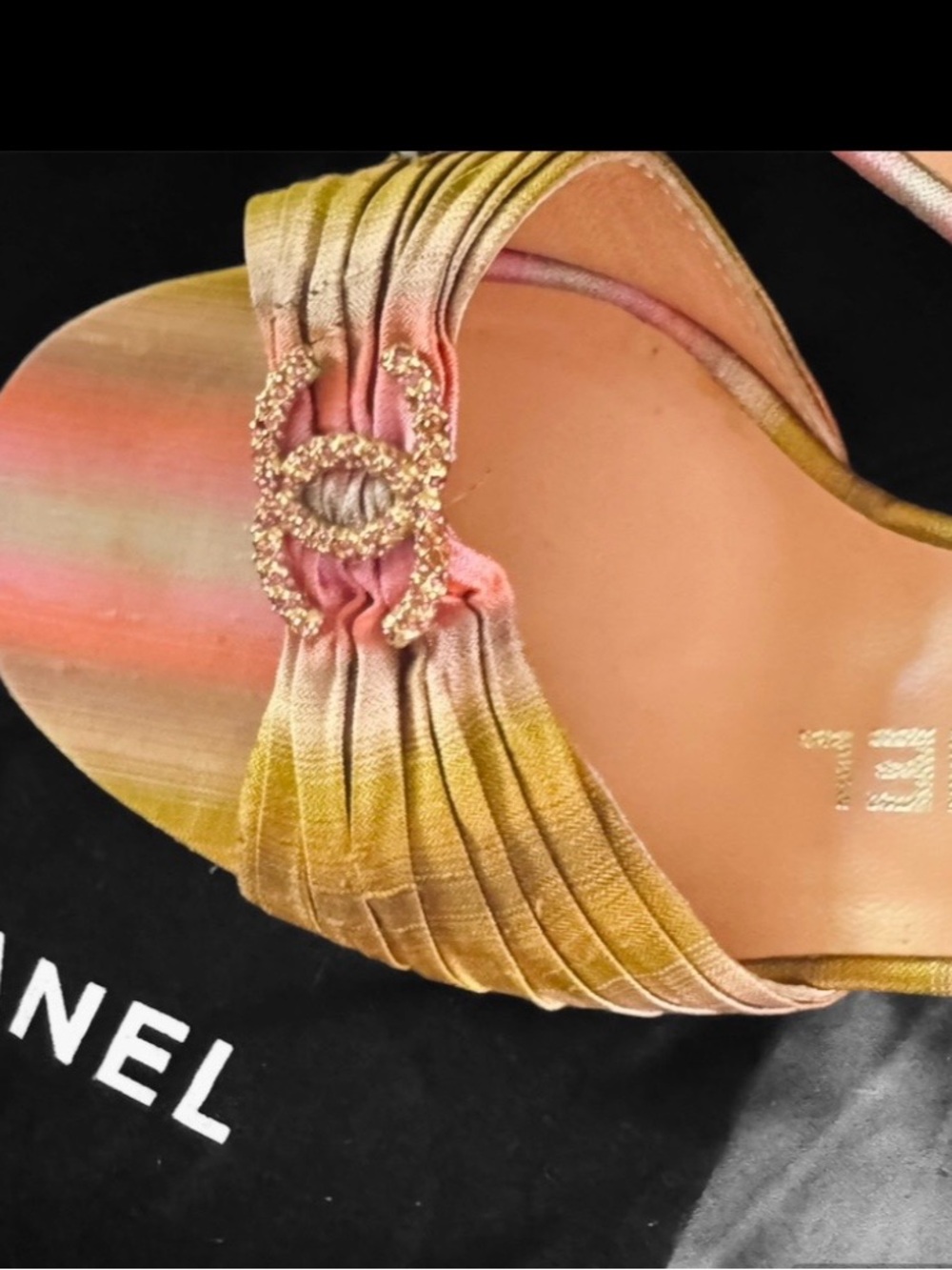 CHANEL Pink Leather Mule with Multicolor Fabric Strap